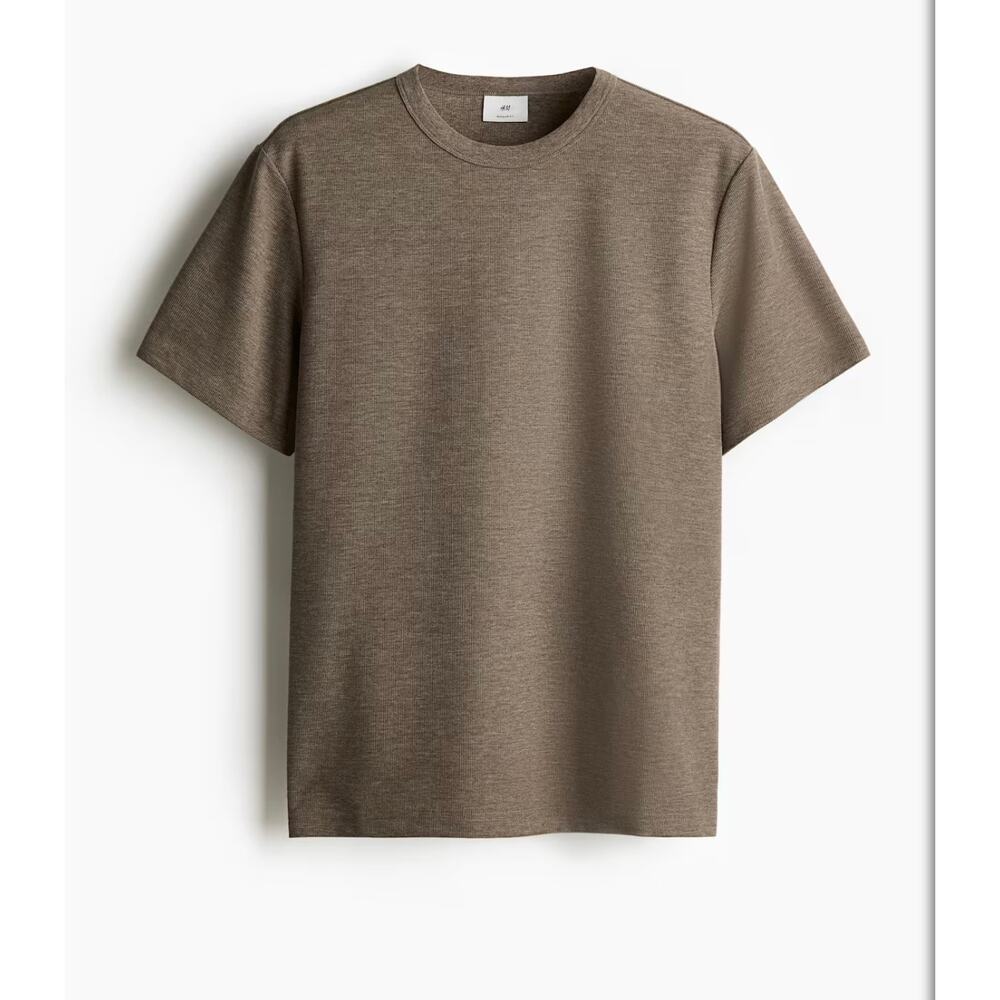 H&M Mens Dark Beige‎ Regular Fit Crew Neck Cotton Blend Woven Waffled T Shirt XL